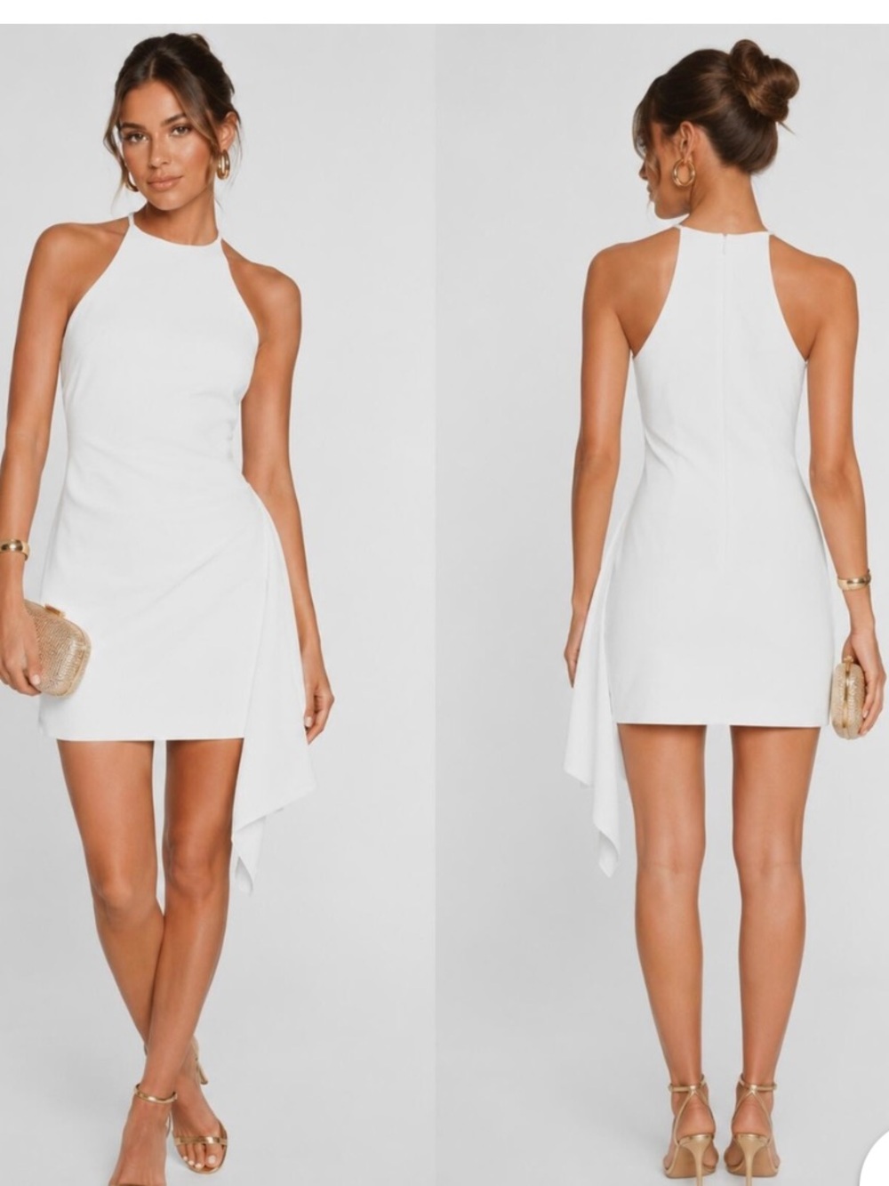 Badgley Mischka Ivory Halter Asymmetrical Mini Dress